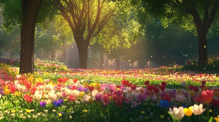 Obraz premium Vibrant Spring Garden with Colorful Tulips and Serene Sunlight