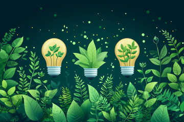 flat design illustration shows lightbulbs filled green leaves among vibrant foliage. artwork represents innovative eco friendly ideas and promotes sustainability through fresh visuals.