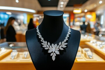 A stunning diamond necklace centerpiece elegantly showcased on a black stand, surrounded by illuminated jewelry pieces within a sophisticated retail environment.