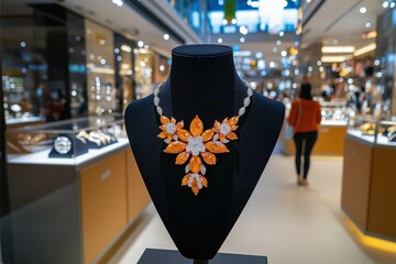 A luxurious jewelry store showcases an exquisite necklace with brilliant orange and white stones on a black stand, highlighting elegance and craftsmanship.