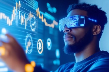 Futuristic Cryptocurrency Trader Analyzing Advanced Holographic Financial Data Interface