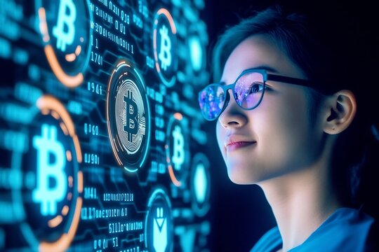 Futuristic Cryptocurrency Trader Analyzes Holographic Blockchain Interfaces and Financial Data