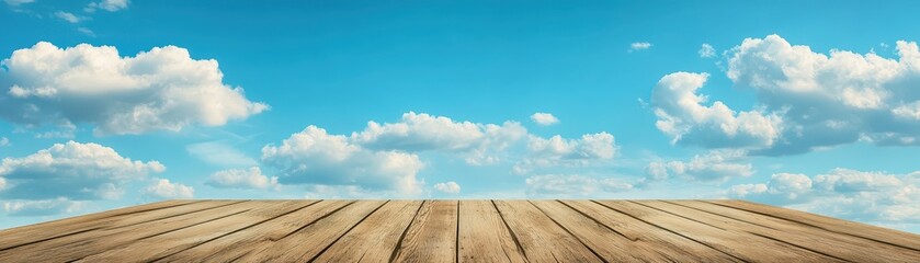 A serene wooden platform with a clear blue sky and fluffy white clouds above.