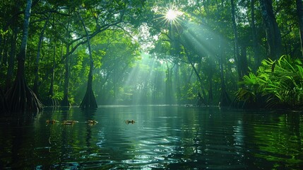 Obraz premium A serene forest scene with sunlight filtering through trees, reflecting on calm water.