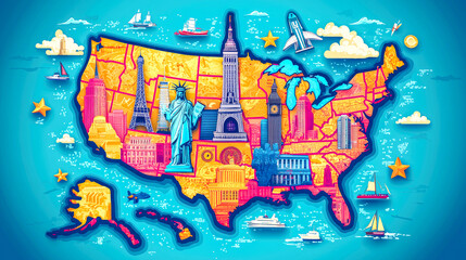 USA map with famous landmarks.