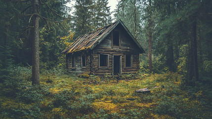 A ruined forest cabin with rotting timbers, its roof sagging and a faint whispering sound emanating from within.
