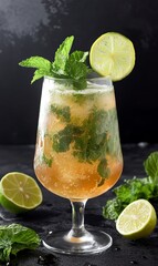 Fototapeta premium Refreshing iced tea cocktail with lime and mint garnish in a stemmed glass on dark background.