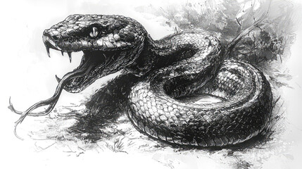 Obraz premium Venomous snake coiled, striking pose, monochrome illustration.