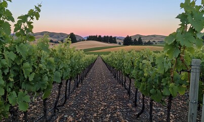 Fototapeta premium Rows of grapevines in a vineyard at sunset, leading to rolling hills under a soft pink sky.
