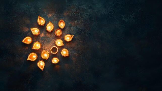 Illuminated diyas arranged in a circular pattern on a dark surface