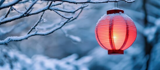 Obraz premium Red paper lantern glowing in snowy winter scene.