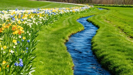 Obraz premium A Winding River Flows Through a Meadow Filled with Vibrant Spring Flowers. Nature Photography Concept