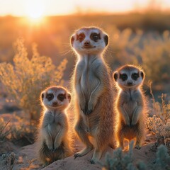 Fototapeta premium Meerkat family standing alert in the desert, exhibiting curiosity and unity.