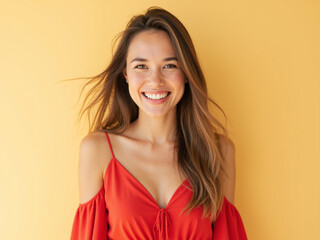 Fototapeta premium portrait of a woman on a red casual outfit and yellow studio