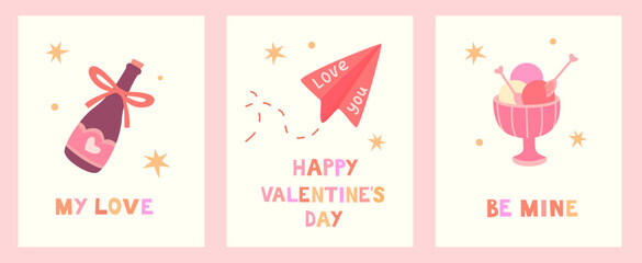 A collection of cute Valentine's Day cards. Minimalistic, bright cards, posters with inscriptions