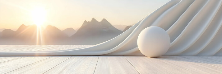 White Sphere Unveiled on Wooden Floor with Mountain Background