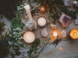 pagan altar with branches, candles and quartz stones