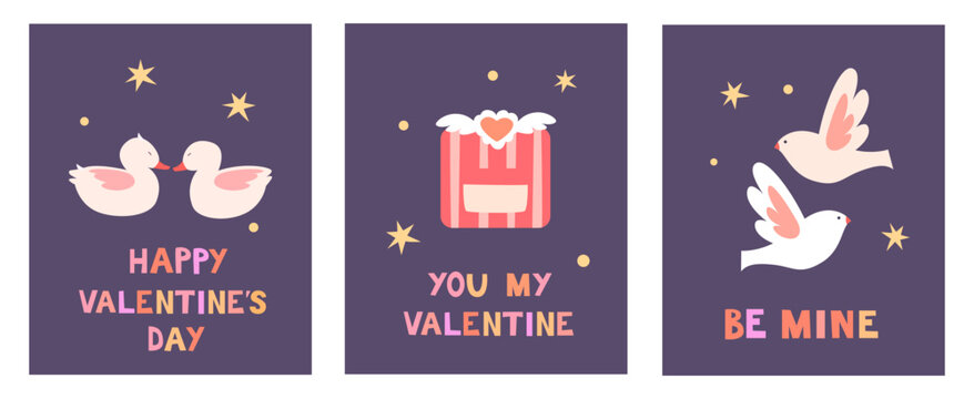 Fototapeta A collection of cute Valentine's Day cards. Minimalistic, bright cards, posters with inscriptions