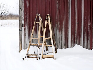 wooden sleights on the snow
