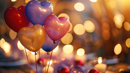 Heart-shaped balloons in various colors, floating above a festive table covered with decorations and a warm, glowing light in the background.
