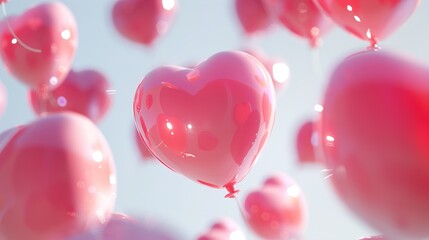 Heart-shaped pink balloons drifting against a white background, with soft shadows casting over them.