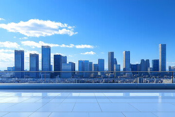 Obraz premium Modern Cityscape Viewed from Rooftop Terrace with Glass Railing under a Bright Blue Sky