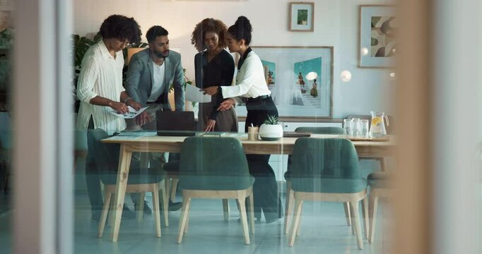 Business people, documents and meeting at startup for discussion, review and charts at media company. Team, men and women with paperwork, graphs and stats for website traffic at creative agency