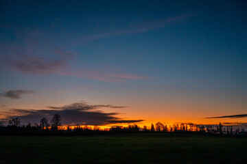 sunset, sunrise, field, trees, forest, moon, sky, afterglow, orange, valley