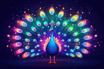 majestic peacock stands proudly showcasing stunning display of colorful tail feathers. Vibrant greens blues and purples create lively representation of natural beauty and elegance.