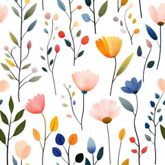 Bright and colorful floral seamless pattern featuring various flowers and leaves on white background, creating cheerful and vibrant atmosphere
