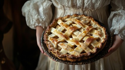 A freshly baked pie with a golden lattice crust is proudly displayed by a baker in traditional attire. The scene evokes a sense of warmth and homestyle baking perfection.. AI Generation