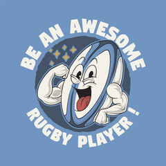 retro cartoon emblem of muscular rugby ball