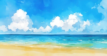 Obraz premium A serene beach scene with clear blue skies and gentle waves lapping at the sandy shore.