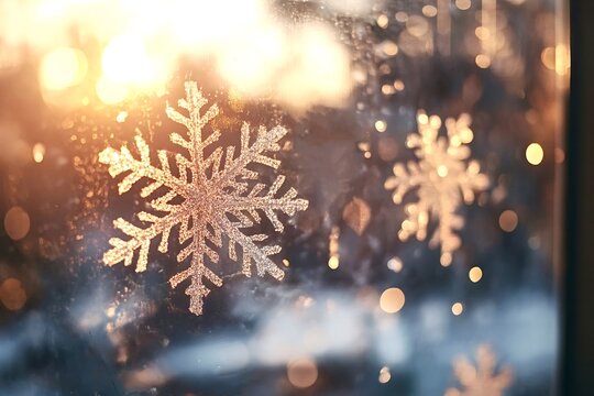 Golden christmas snowflake decoration hanging on a frozen window at sunset, creating a warm and festive atmosphere with blurred lights in the background