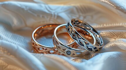 Two intertwined wedding rings with intricate designs, placed delicately on a white satin cloth, reflecting soft, ambient light.