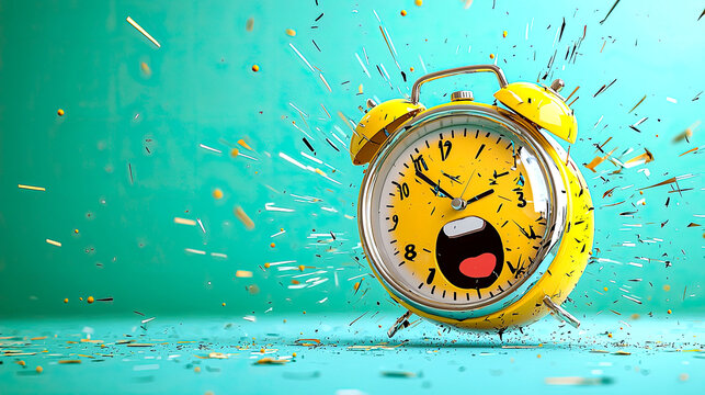 Yellow alarm clock exploding with confetti.