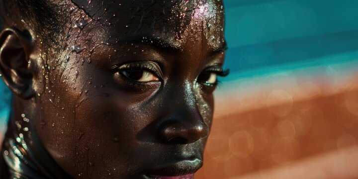 Tired and sweating woman at a track after a race, taking a break post-workout or cardio training. Athlete resting after running or fitness exercise