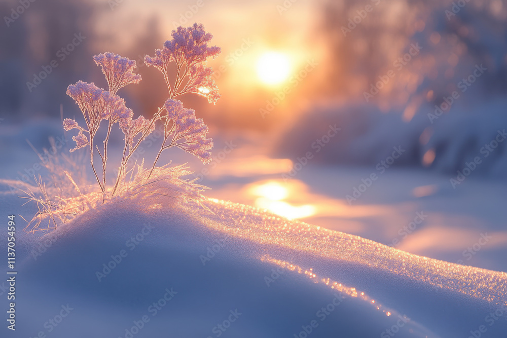 Canvas Prints Snow and frost covered plant by the frozen river. Bright winter sunlight, cold weather. Defocused image, blurry background.