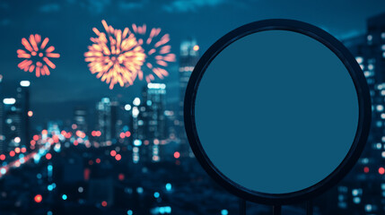 Fototapeta premium Fireworks display over city skyline nighttime celebration urban landscape aerial view