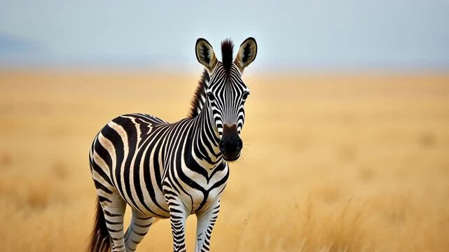 A zebra in the savannah, black and white stripes against golden-brown grass. The pale blue sky looks peaceful.