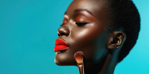 Portrait of a woman with skincare and cosmetic products against a blue backdrop, showcasing confidence and grooming with beauty tools