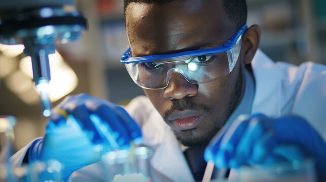 Man engaged in research with a test sample, focused on developing a cure through innovation and analysis, working with a vial for experimentation