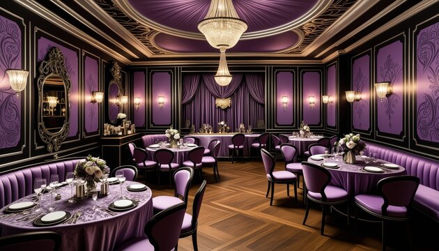 Elegant purple dining room with luxurious decor and chandeliers