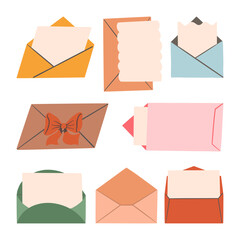 Hand Drawn Envelopes with Inserts Ribbons and Decorative Edges. A versatile collection of hand-drawn envelope designs featuring inserts, scalloped edges, and minimalist styles for creative projects
