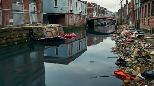 A filthy canal surrounded by narrow streets with red-roofed buildings. Urban congestion and neglect.