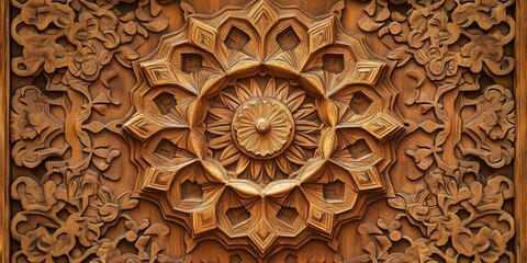beautiful background of Islamic patterns carved in wood, with intricate designs and rich colors