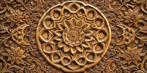 beautiful background of Islamic patterns carved in wood, with intricate designs and rich colors