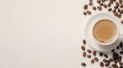 Fototapeta premium Coffee cup with frothy milk on saucer surrounded by coffee beans.Fresh start. Morning energy. Comfort in a cup.Coffee cup, coffee beans, morning mood, breakfast vibes, beverage promotion.