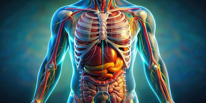 High-resolution, vibrant tilt-shift image showcasing detailed human abdominal organ anatomy.