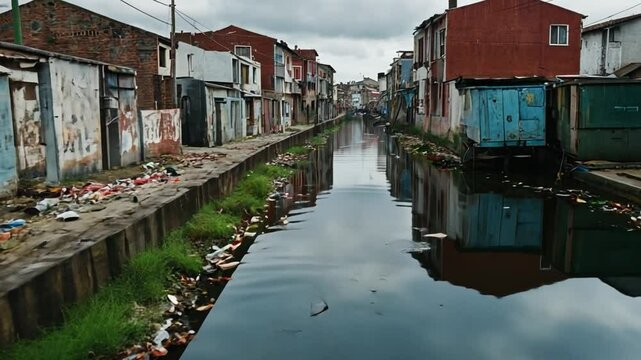 A filthy canal surrounded by narrow streets with red-roofed buildings. Urban congestion and neglect.